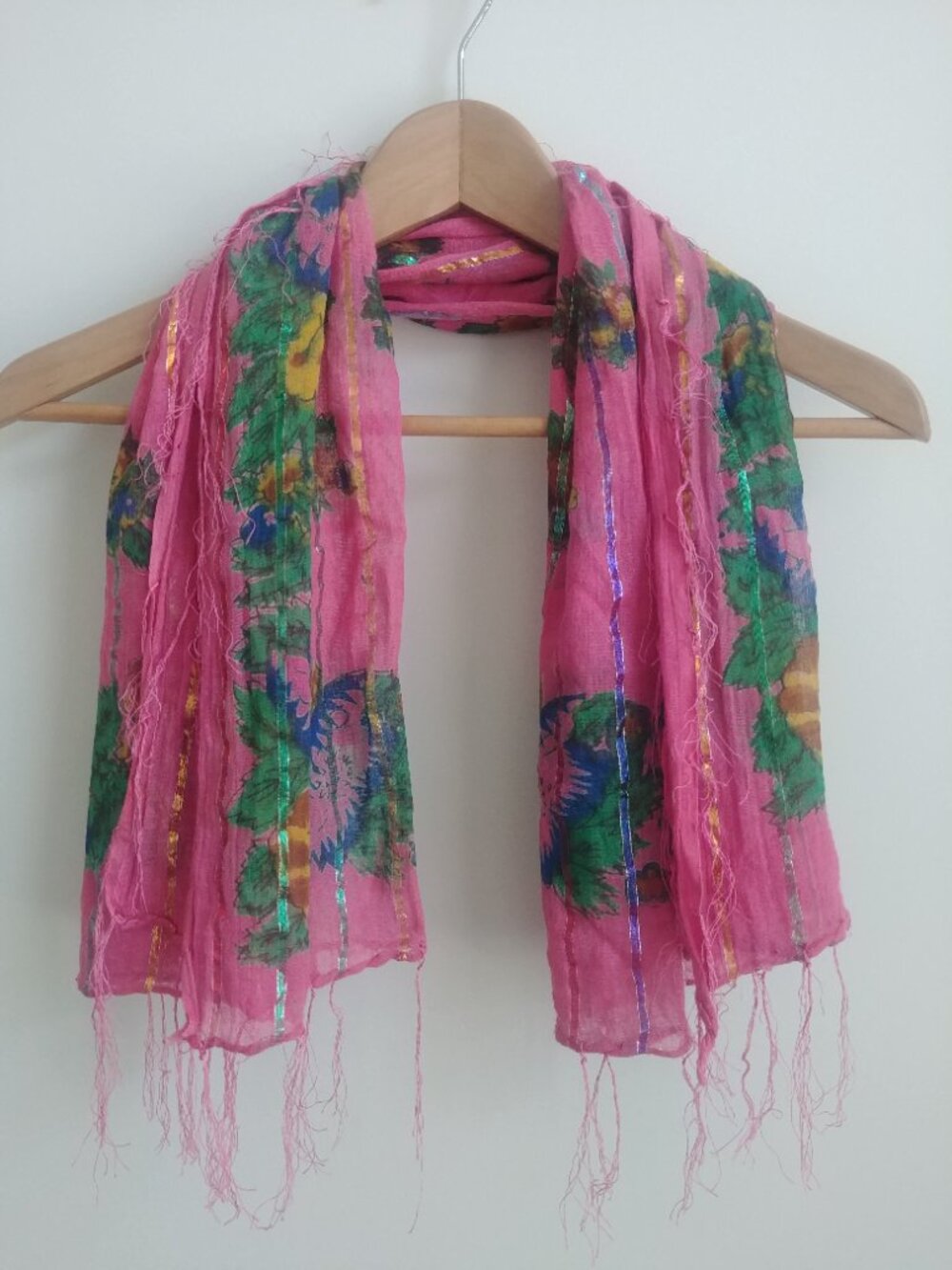 Lightweight square scarf pink with green floral and metallic stripes
